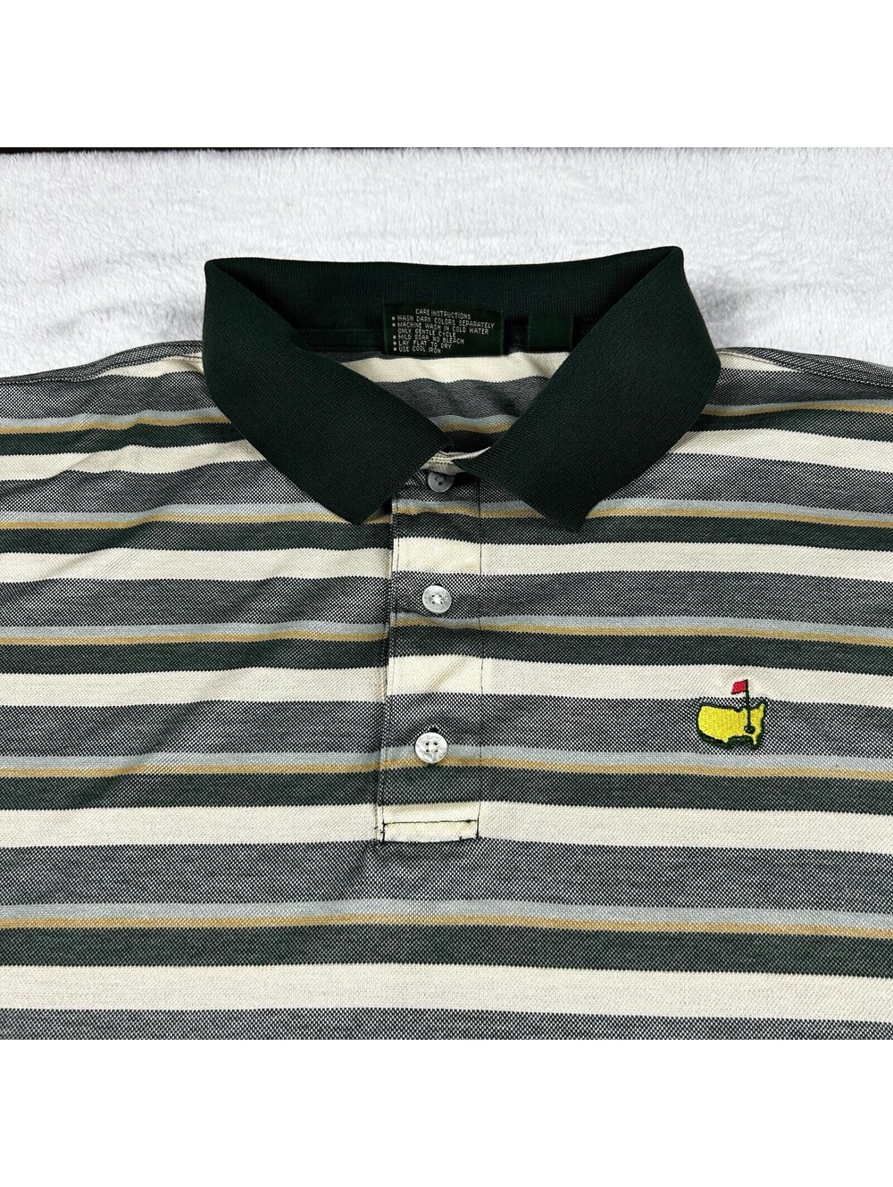 Masters Men’s Golf Polo Size Large Green Yellow Stripped Shirt Logo